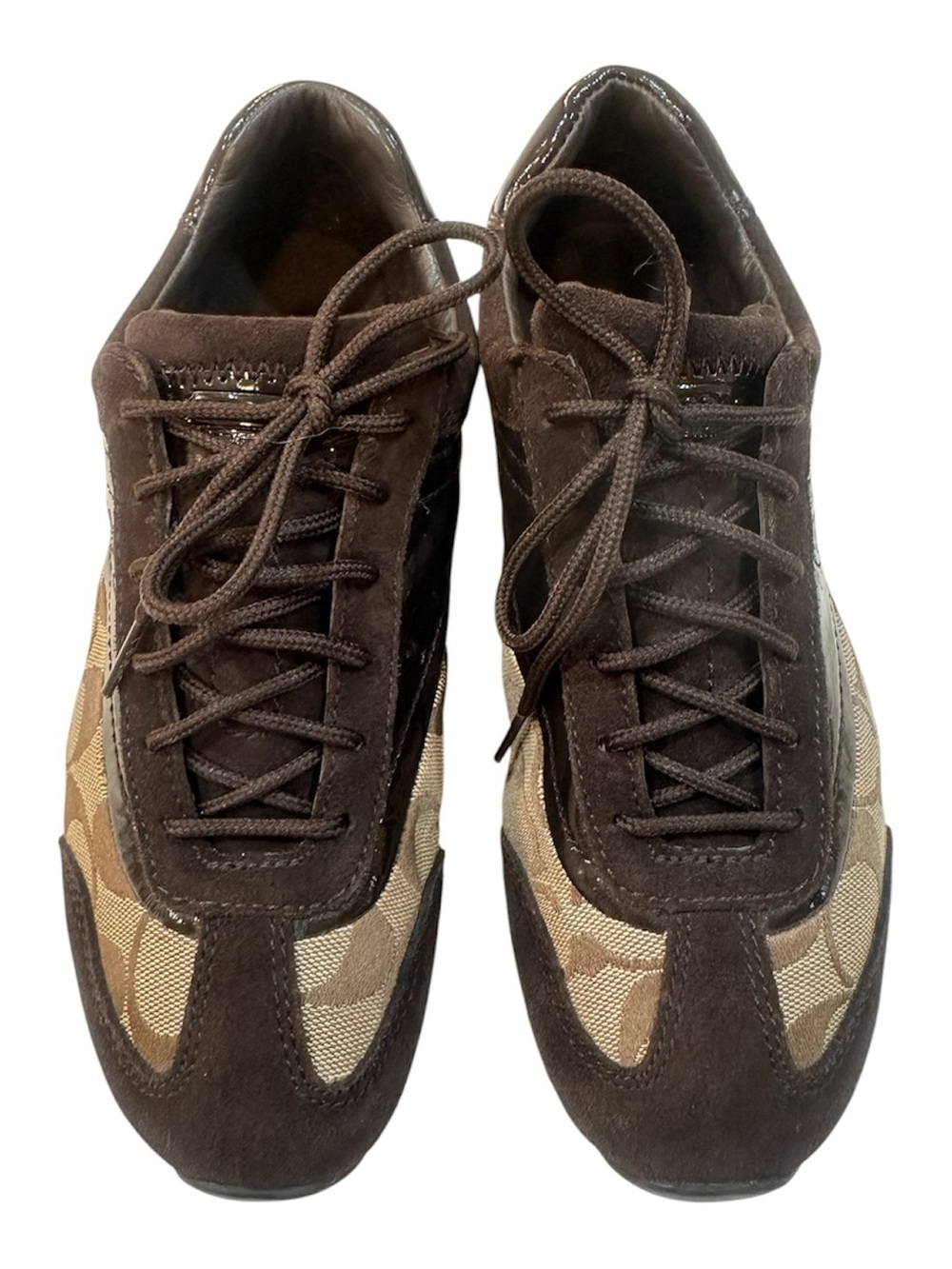 Coach Kodie Brown Signature C Canvas Suede & Patent Leather Sneakers 7.5 EUC